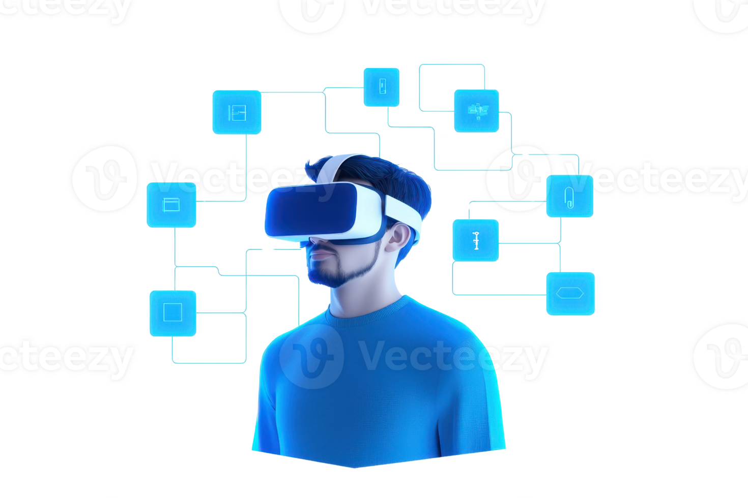 A man wearing a virtual reality headset engages with digital interfaces, showcasing advanced technology and immersive experiences. png