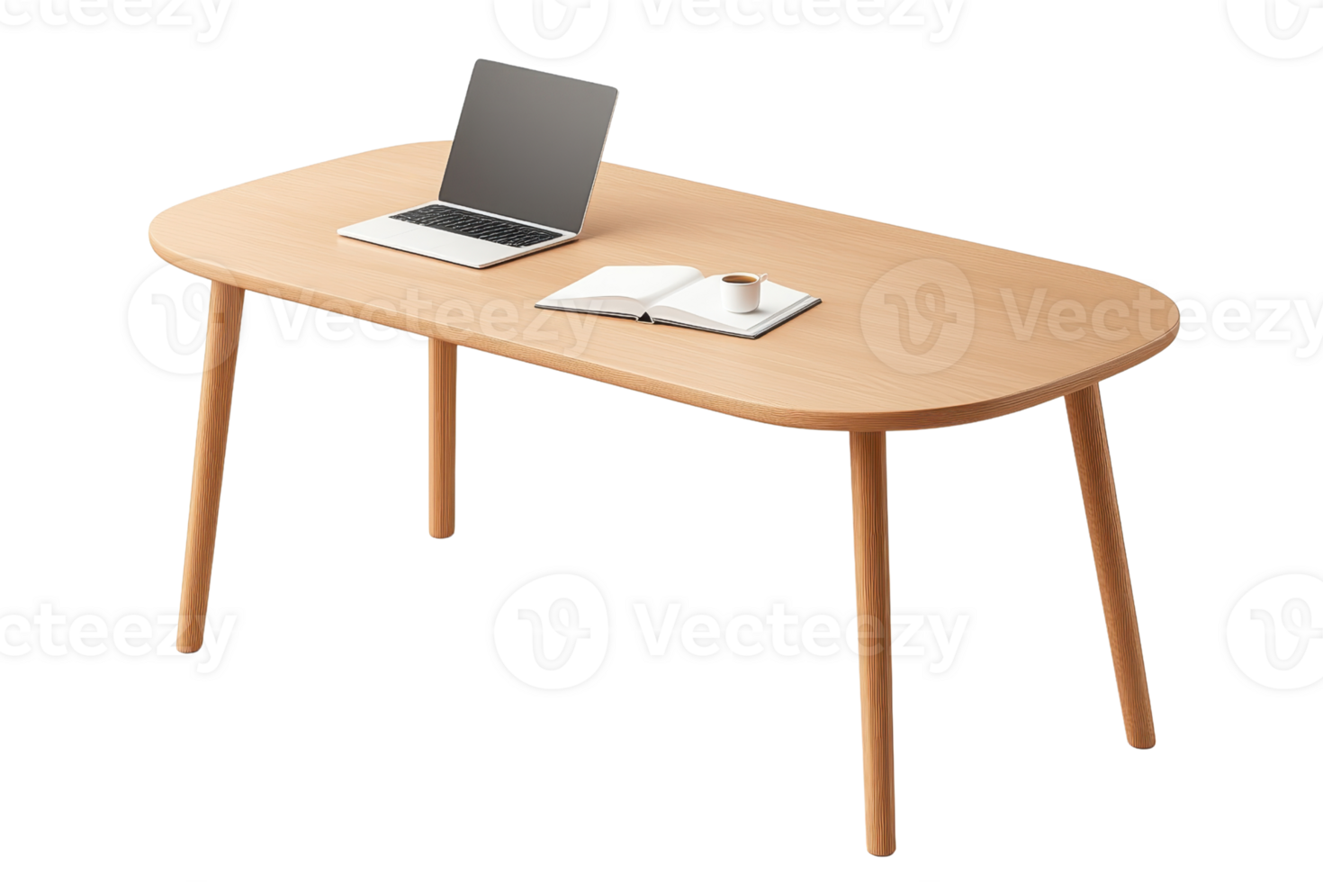 A modern wooden table with slender legs, featuring a laptop and an open notebook on its surface. png