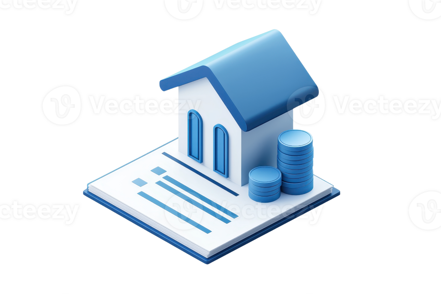 A stylized house icon with financial documents and coins, representing real estate and investment. png