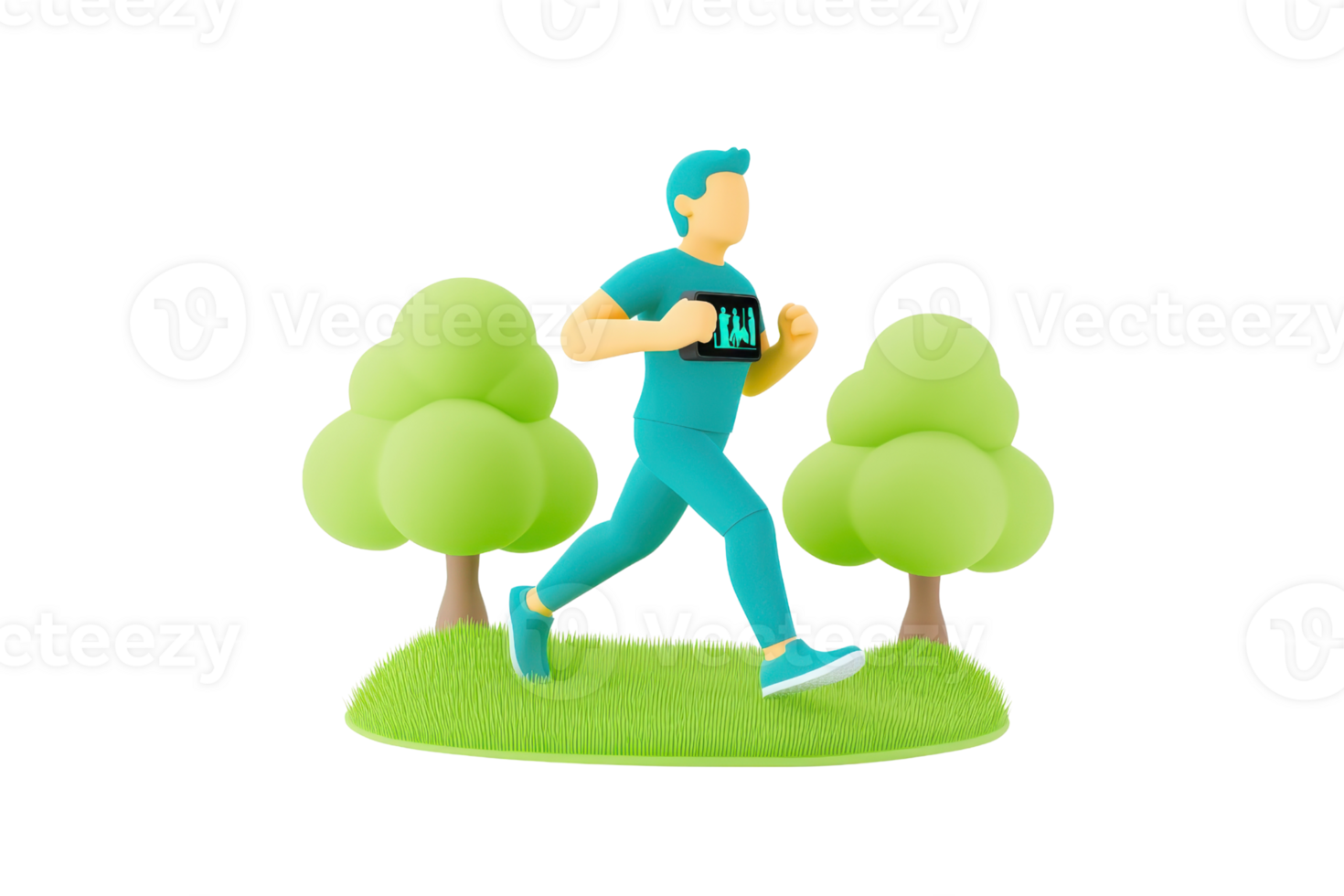 A runner in a teal outfit jogs on a grassy patch surrounded by stylized trees. png