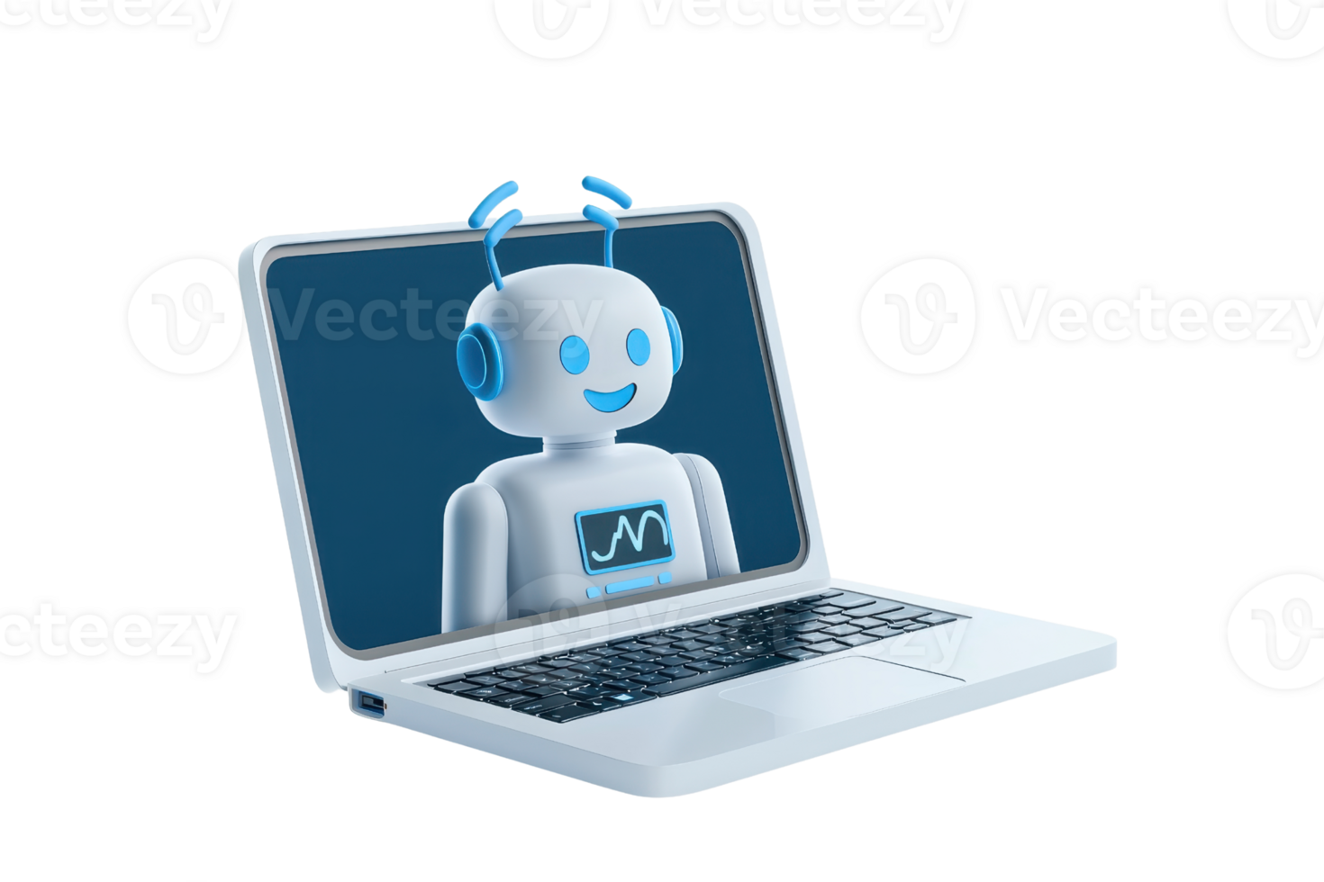 A friendly robot character displayed on a laptop screen, featuring blue accents and a cheerful expression. png