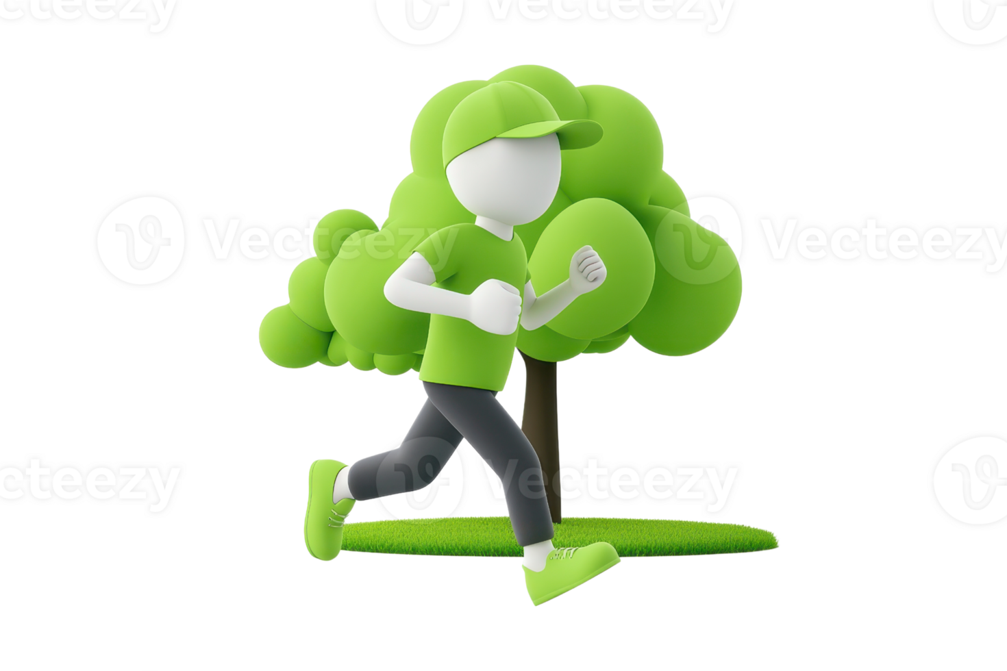 A stylized figure running energetically, dressed in green athletic wear, alongside a vibrant green tree. png