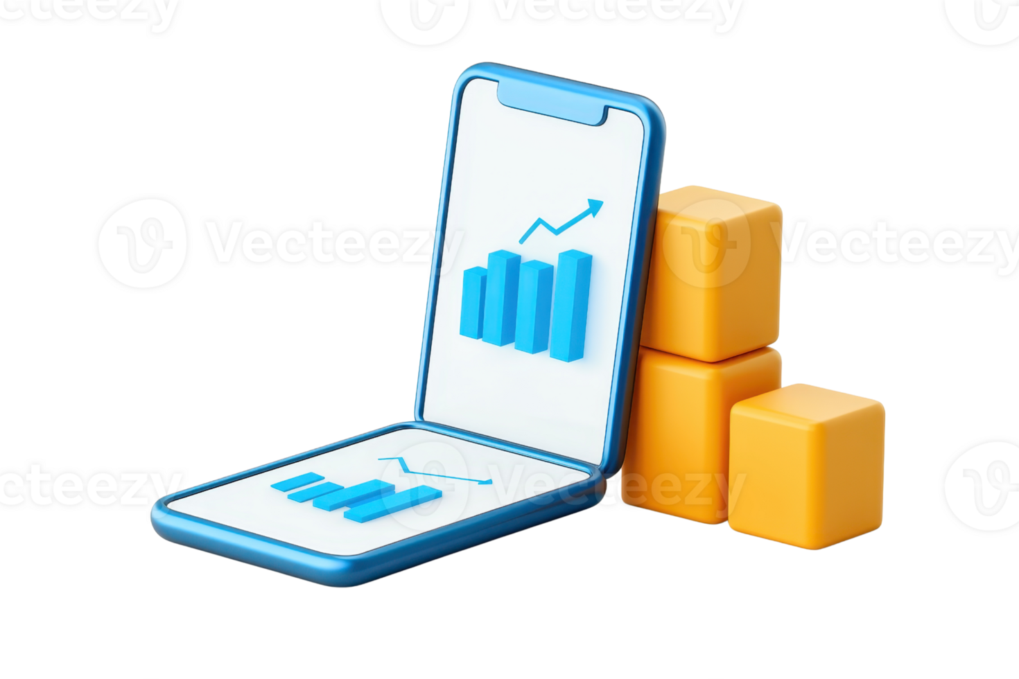 A digital device displaying growth charts alongside colorful blocks symbolizing data analytics and business insights. png