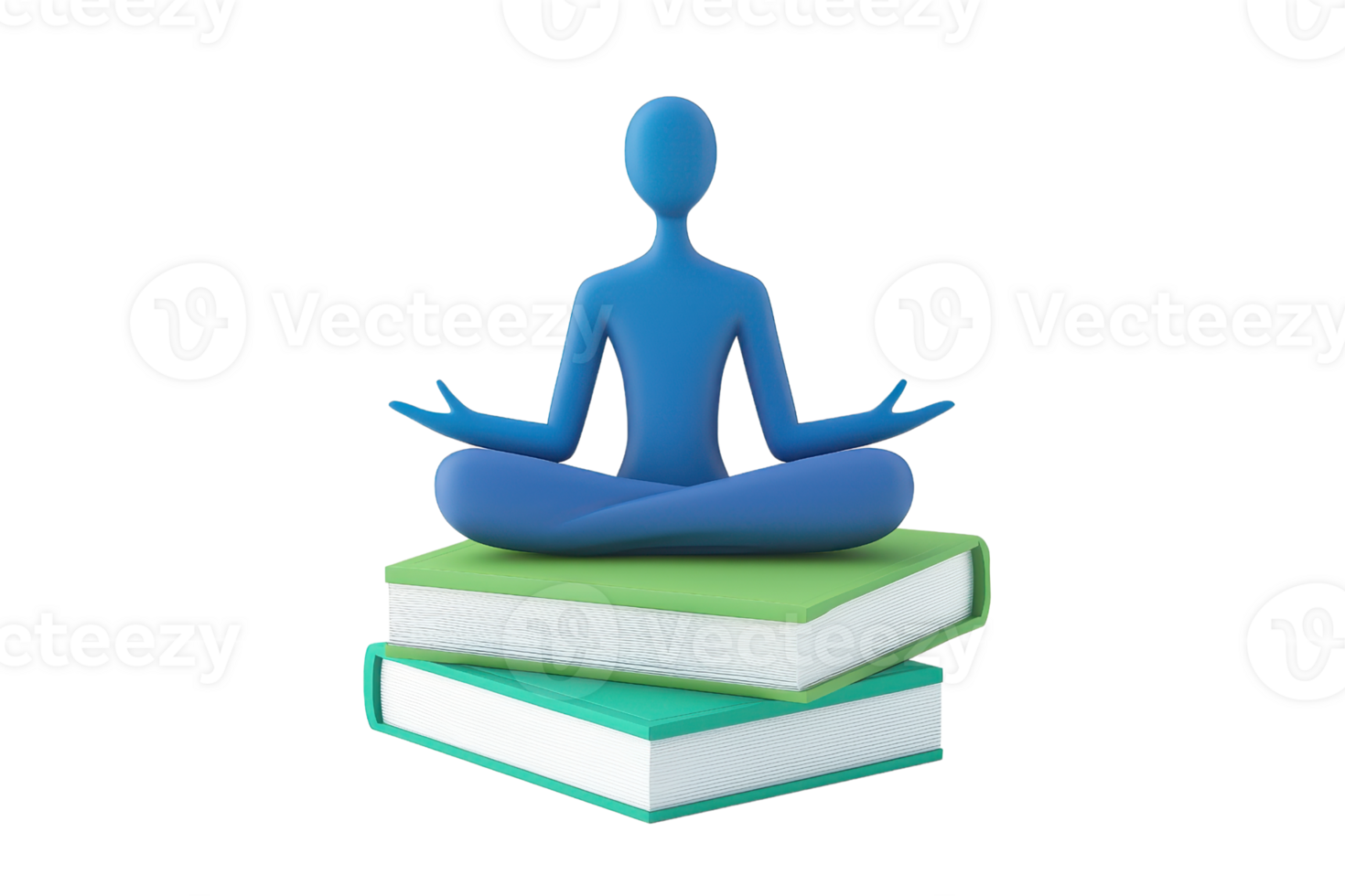A blue figure in a meditative pose sits atop stacked books, symbolizing the union of mindfulness and knowledge. png