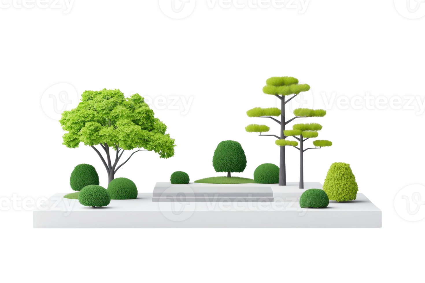 A stylized arrangement of vibrant green trees and shrubs on a flat surface, showcasing various shapes and sizes. png