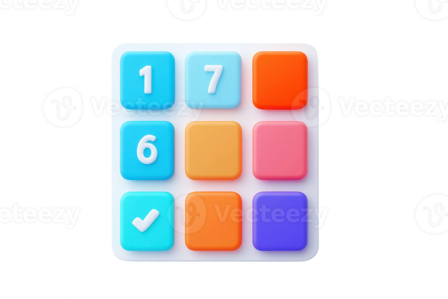 A colorful number pad featuring numbers 1, 6, and 7, along with several empty buttons and a checkmark symbol. png