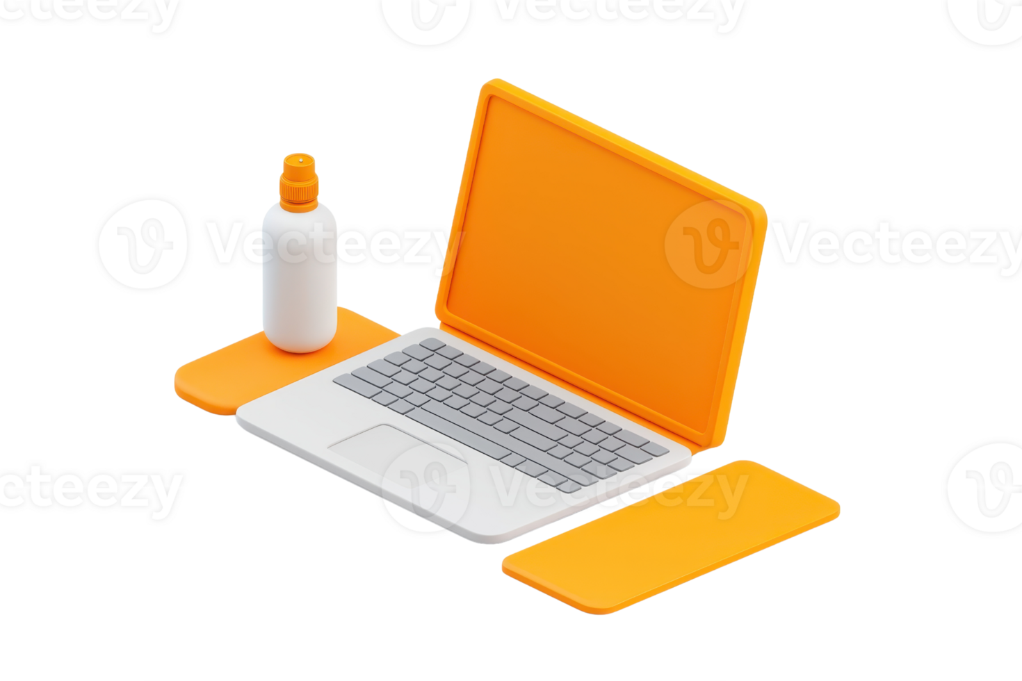 A modern laptop with an orange cover, accompanied by a white water bottle and matching orange accessories. png