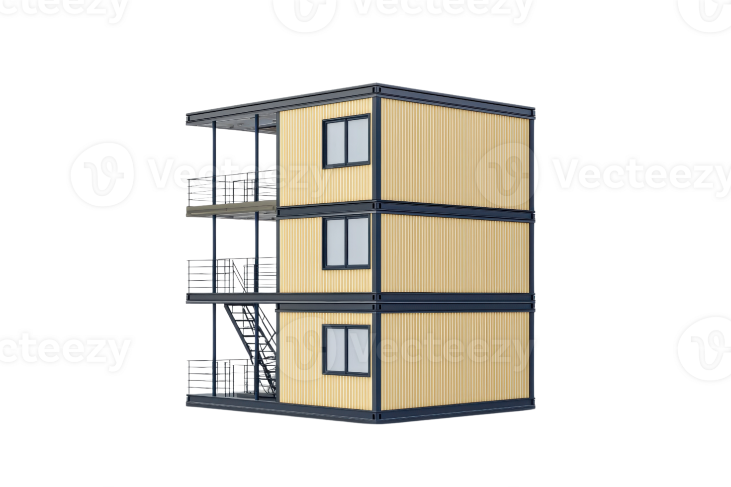 A modern, multi-story building featuring a sleek design with large windows and a staircase, showcasing a contemporary aesthetic. png