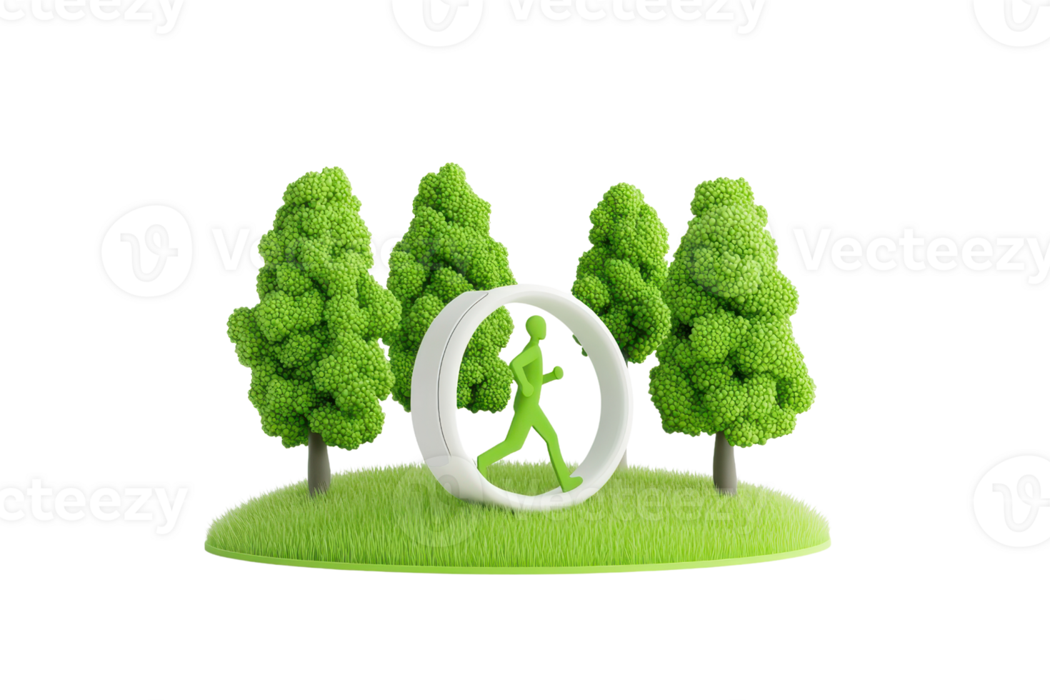 A green figure walking through a circular frame, surrounded by lush trees and grass, symbolizing fitness and nature. png