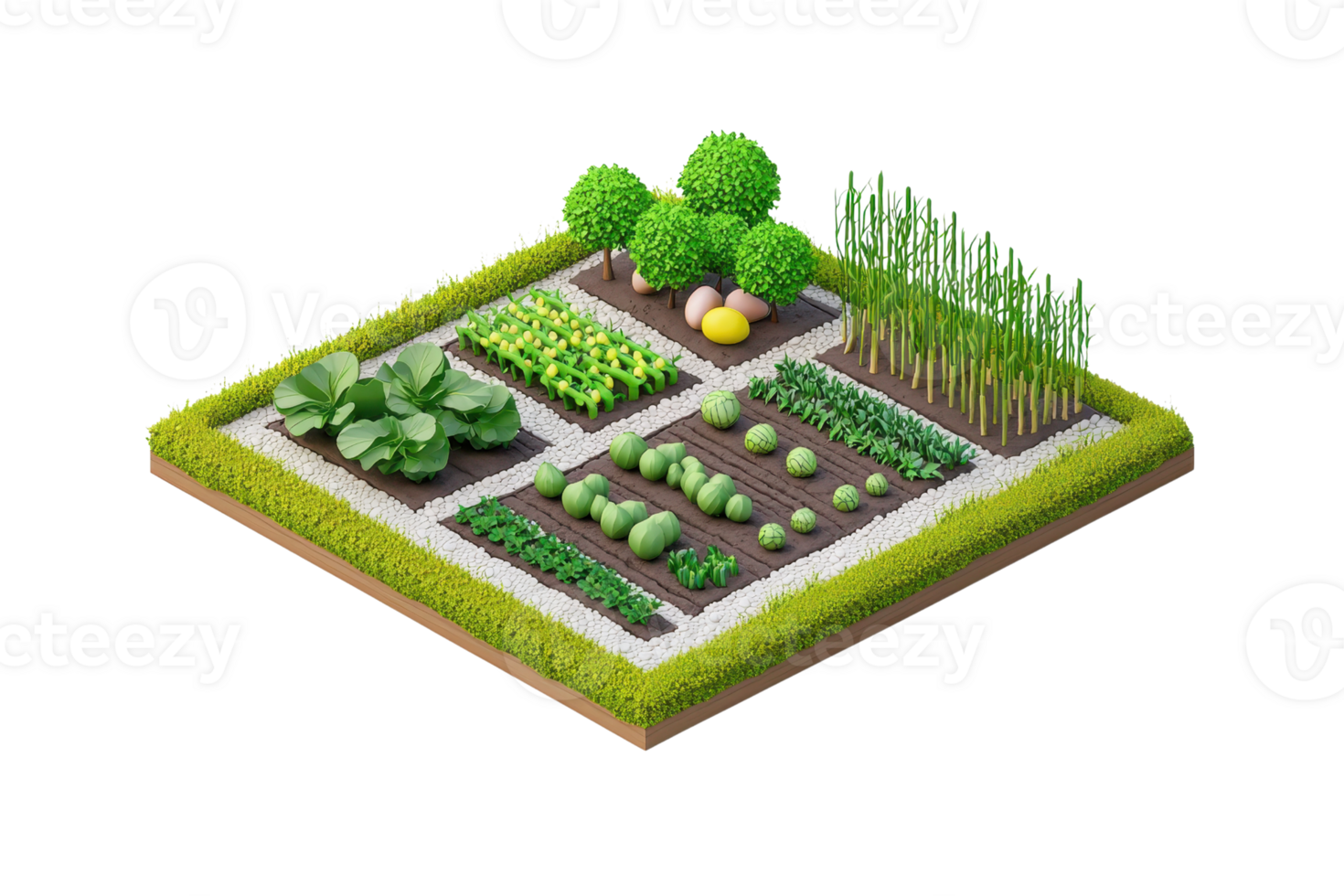 A vibrant garden plot featuring various vegetables, fruits, and greenery arranged in organized sections. png