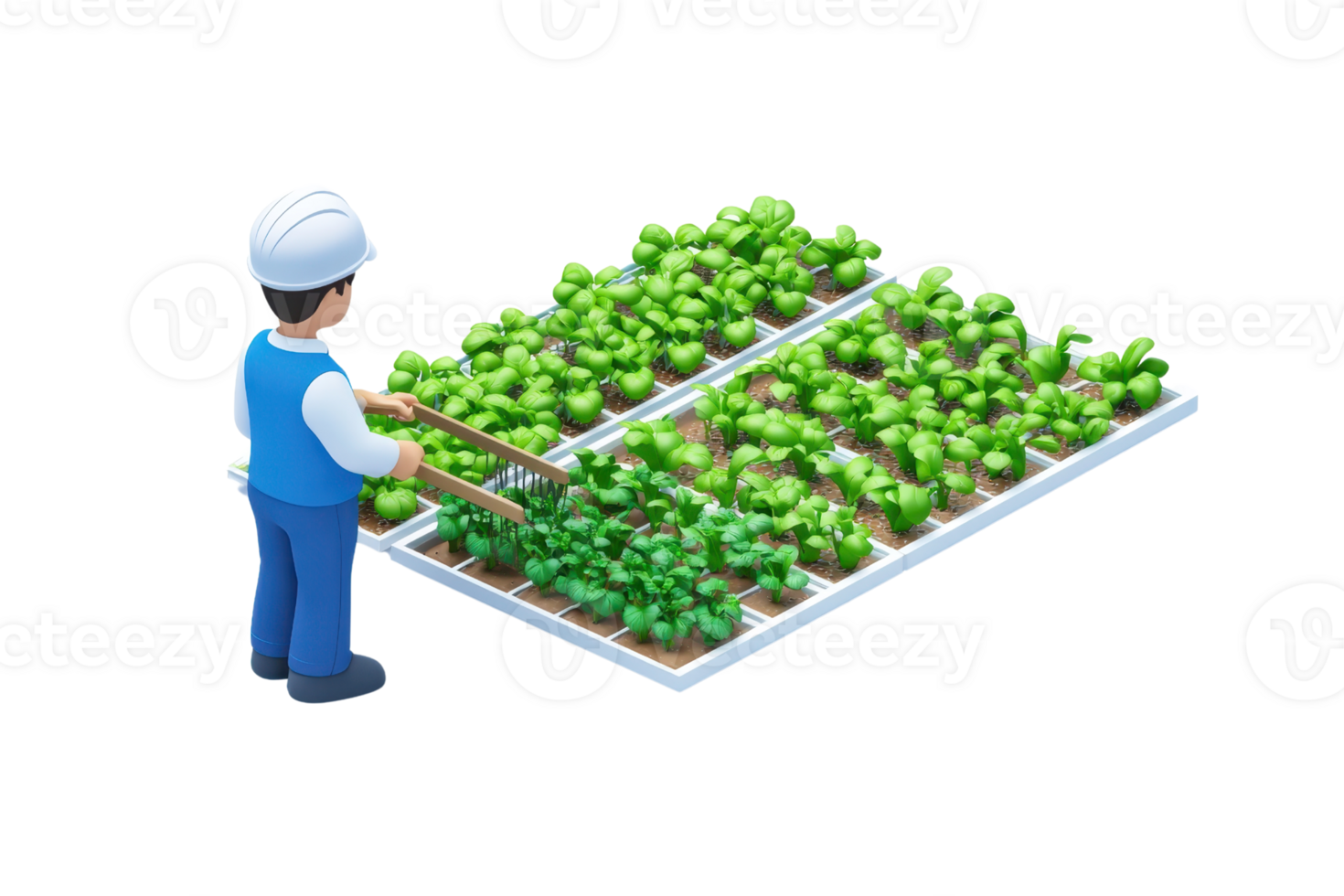 A gardener tending to vibrant green plants on a tray, showcasing the care given to the growth process. png