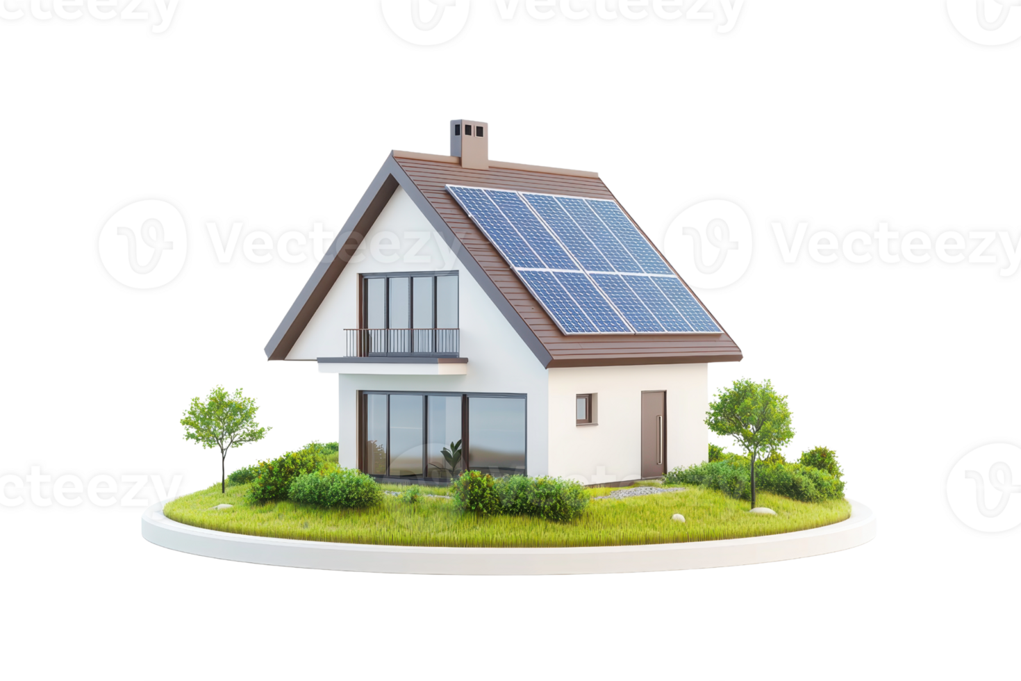 A modern house with solar panels, surrounded by lush greenery and featuring large windows. png