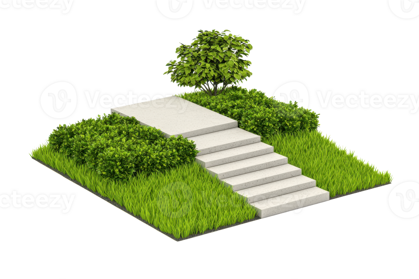 A landscaped area featuring stone steps leading to a platform surrounded by lush grass and vibrant greenery. png