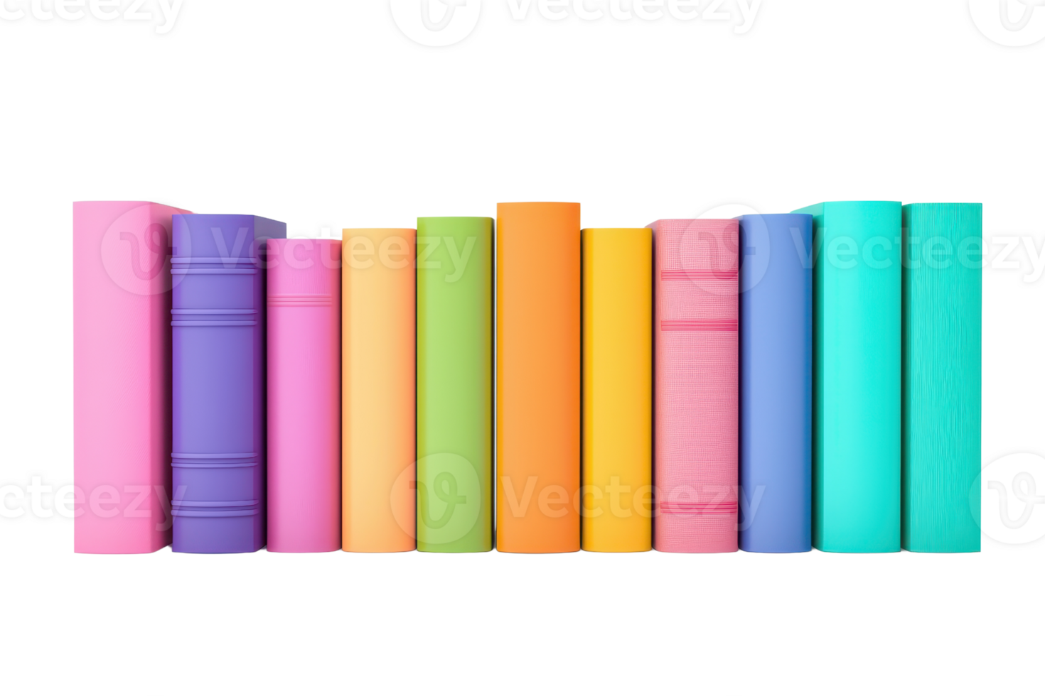 A vibrant collection of books in various colors, arranged neatly in a row. png