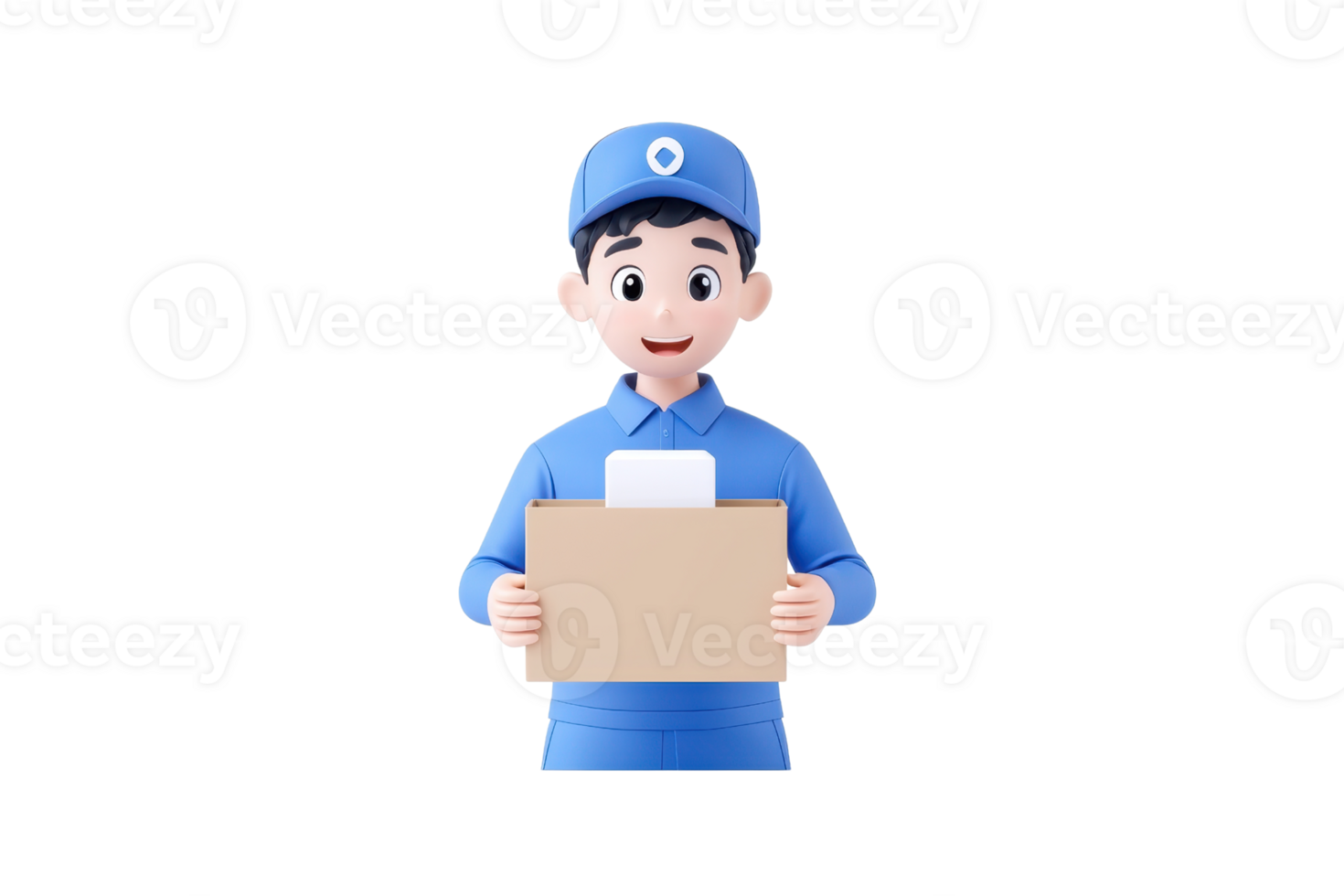 A cheerful cartoon delivery person holds a cardboard box, wearing a blue uniform and cap, ready to deliver a package. png