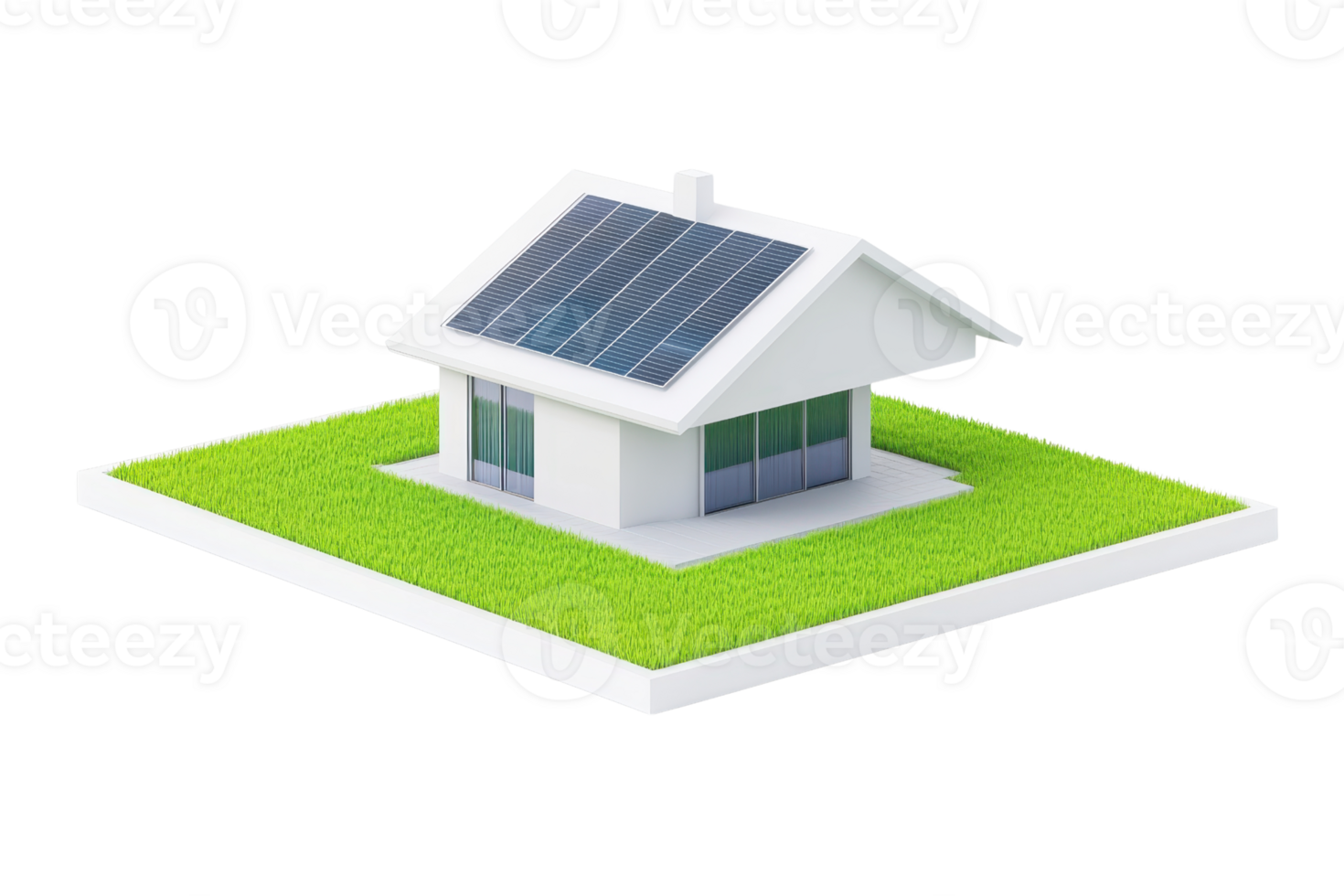 A modern house with solar panels, surrounded by green grass, showcasing eco-friendly architecture and design. png