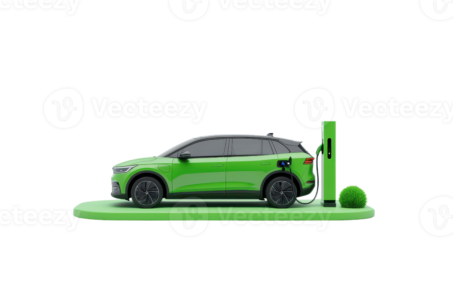 A sleek green electric vehicle charging at a station, showcasing modern design and eco-friendly technology. png