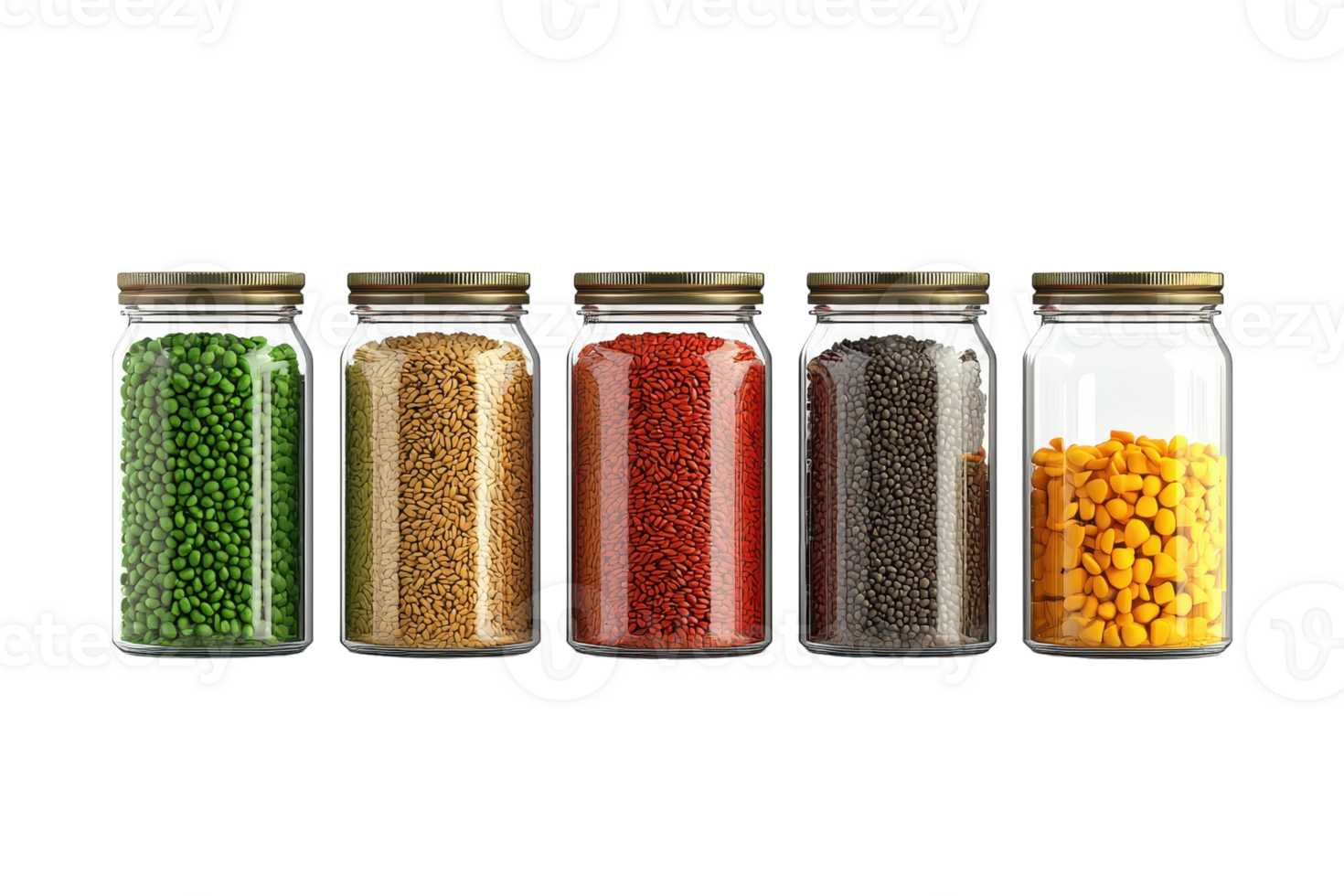Five glass jars containing various colorful legumes, showcasing a range of textures and shades. png