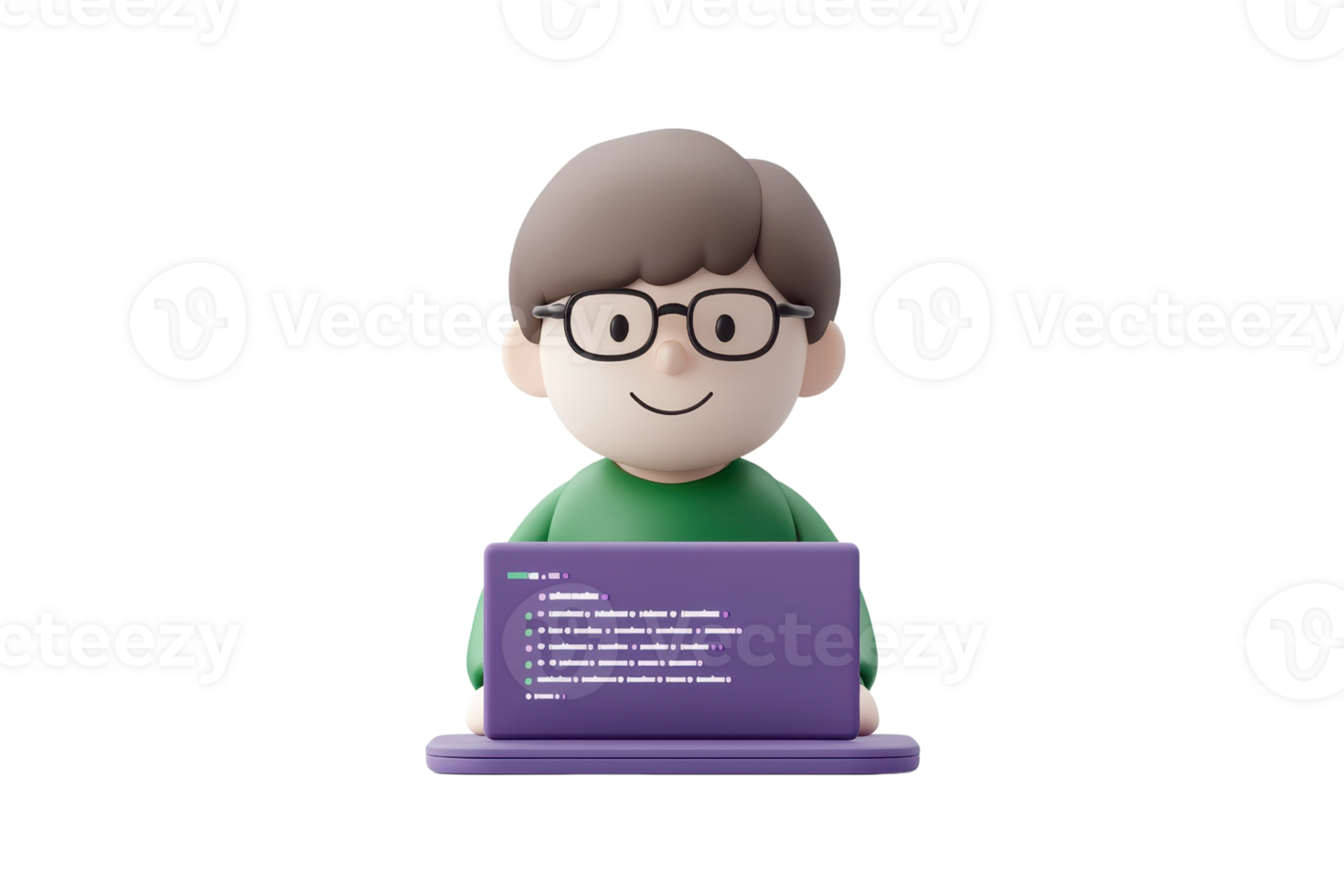 A cheerful character with glasses sitting in front of a laptop displaying code, wearing a green sweater. png