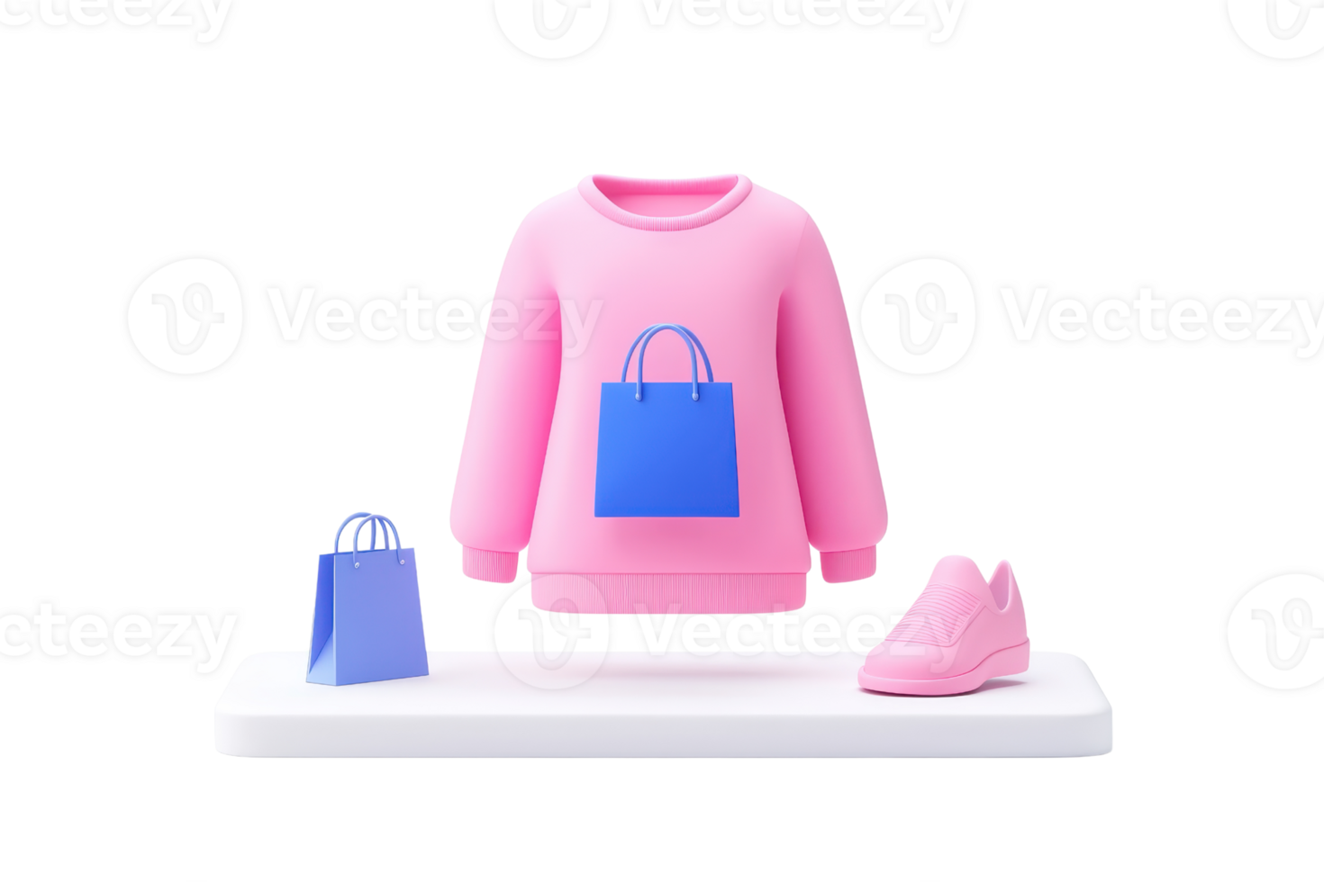 A vibrant pink sweater with a blue shopping bag graphic, accompanied by a pair of matching pink shoes and a small blue shopping bag. png