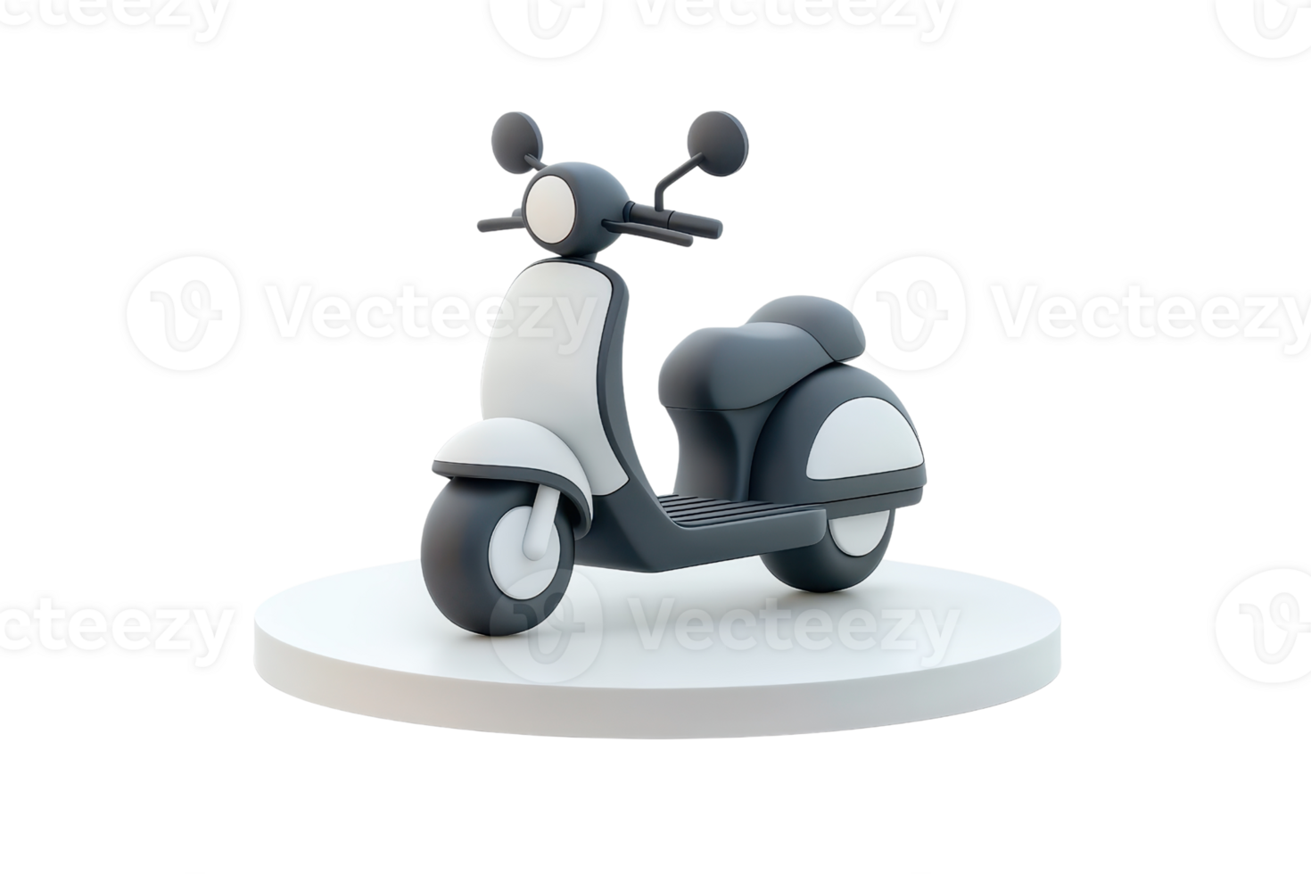 A sleek, modern scooter with a stylish design, featuring a smooth body and comfortable seat, displayed on a circular platform. png
