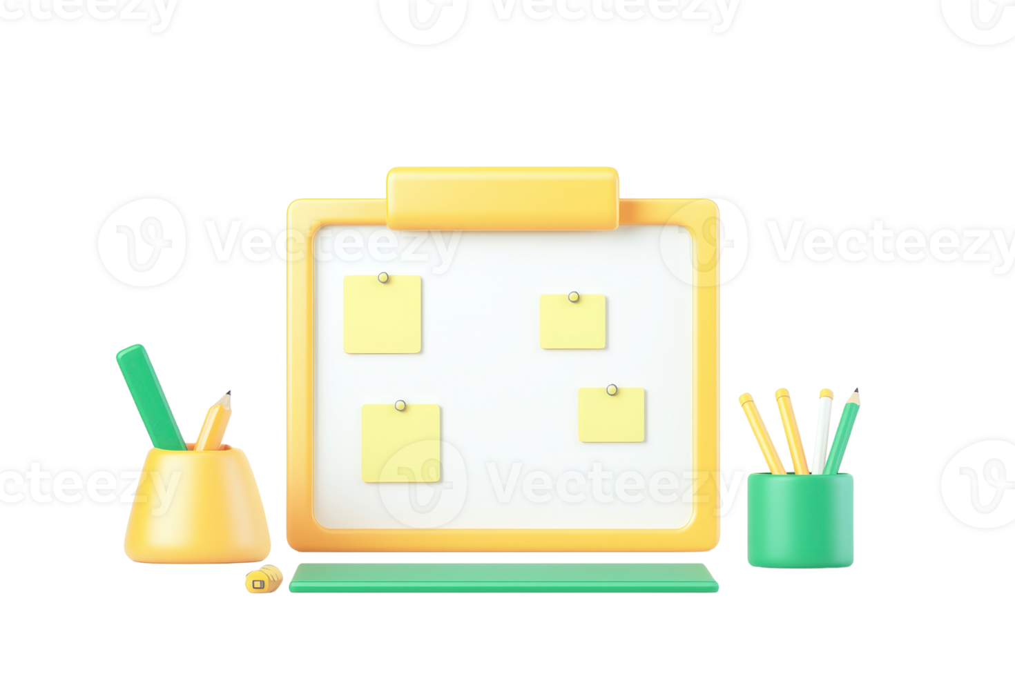 A colorful desk organizer featuring a notepad, sticky notes, a pen holder, and various writing tools. png