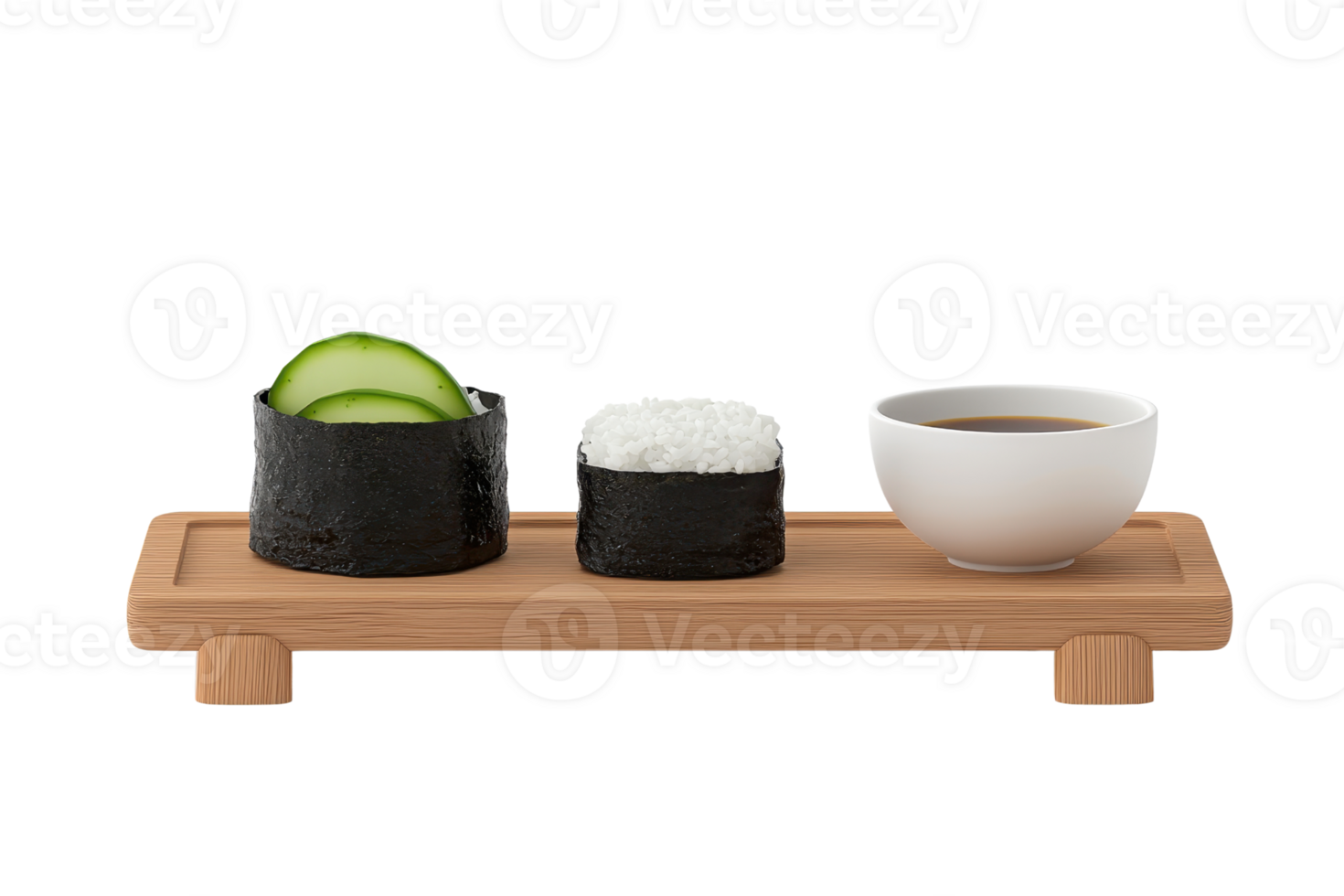 A wooden platter showcases sushi rolls, including cucumber, rice, and a small bowl of dipping sauce. png