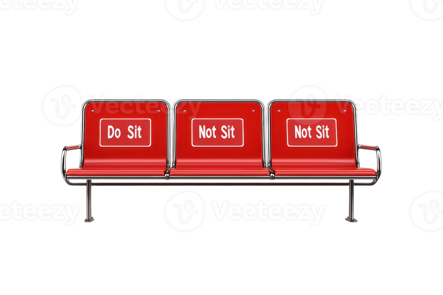 A bench with three seats featuring contrasting signs one instructing to sit and two indicating not to sit. png