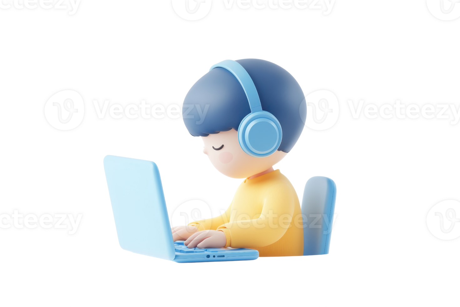 A focused illustration of a child wearing headphones, engaged with a laptop while seated. png