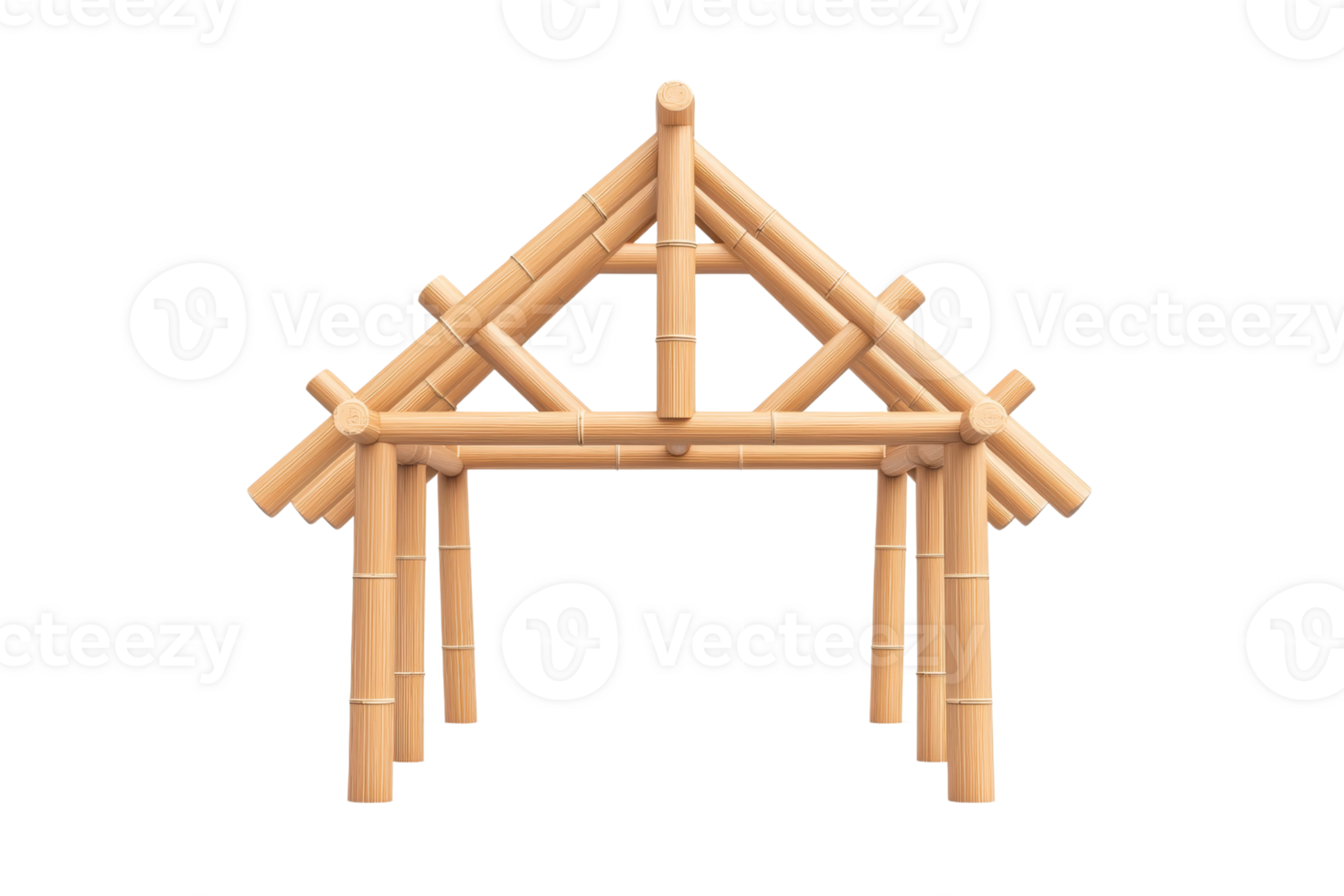 A bamboo structure resembling a traditional roof, showcasing intricate joints and a triangular design. png