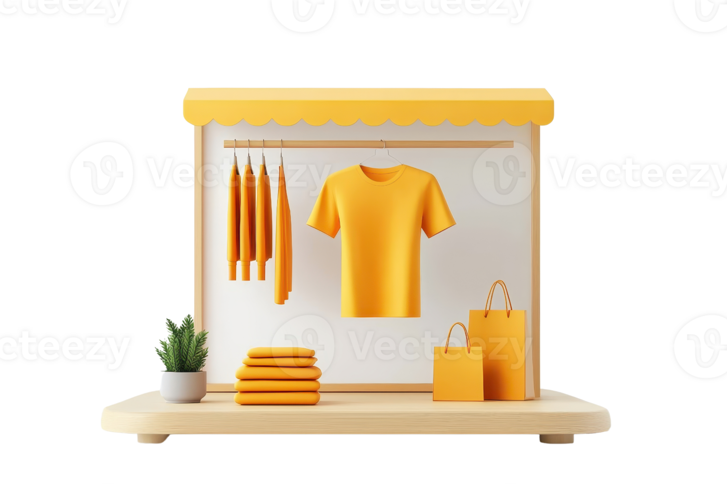 A vibrant display featuring yellow clothing items, including a t-shirt and accessories, arranged neatly on a wooden showcase with a potted plant. png