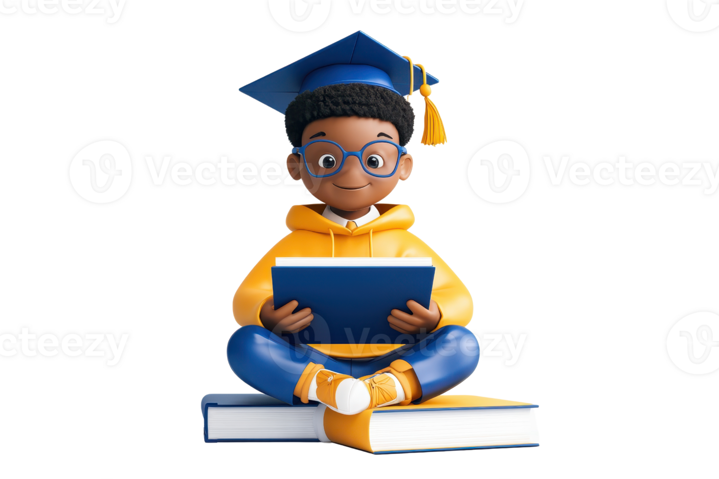 A young boy in a graduation cap and glasses sits on books, reading intently while wearing a bright yellow hoodie. png