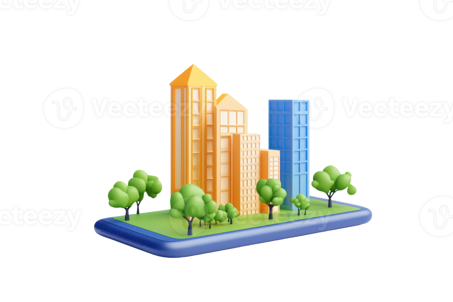 A colorful, stylized representation of buildings with green trees on a platform. png
