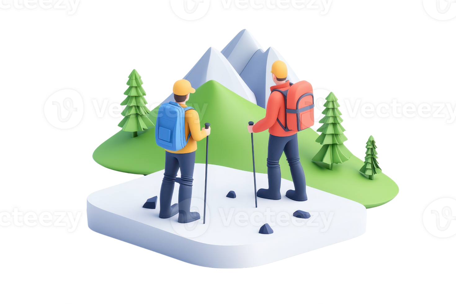 Two hikers in colorful gear stand on a snowy terrain, surrounded by mountains and trees, ready for an outdoor adventure. png