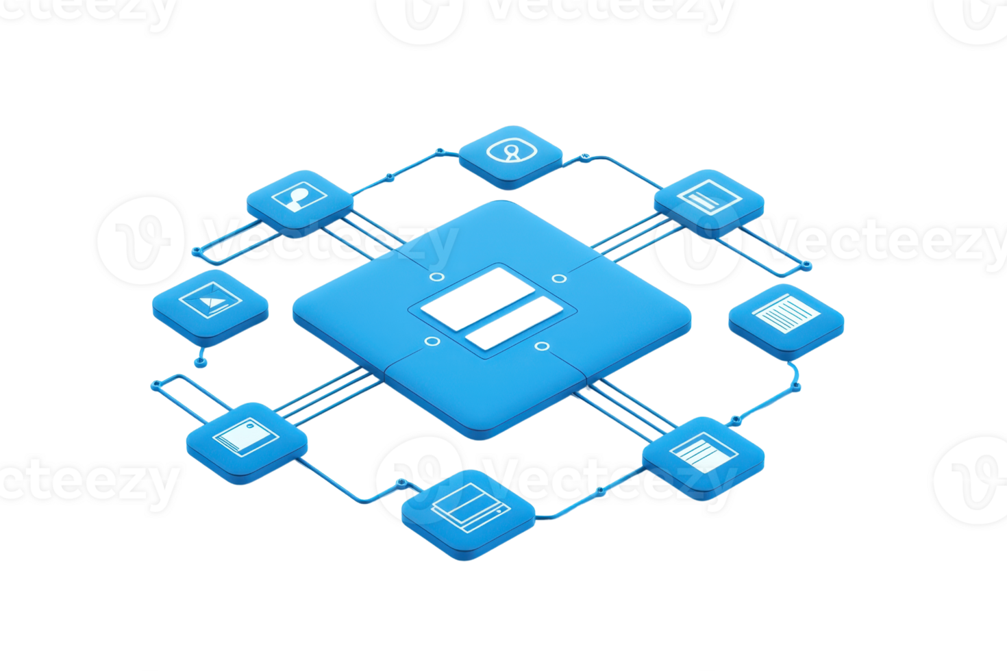 A central blue symbol is connected to various iconographic elements, representing a digital network or interface. png