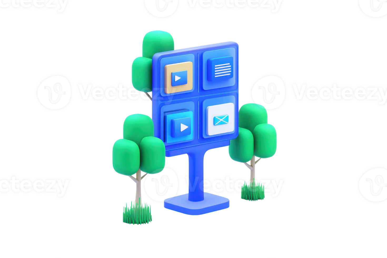 A digital display featuring four interactive buttons, flanked by stylized green trees and grass at the base. png