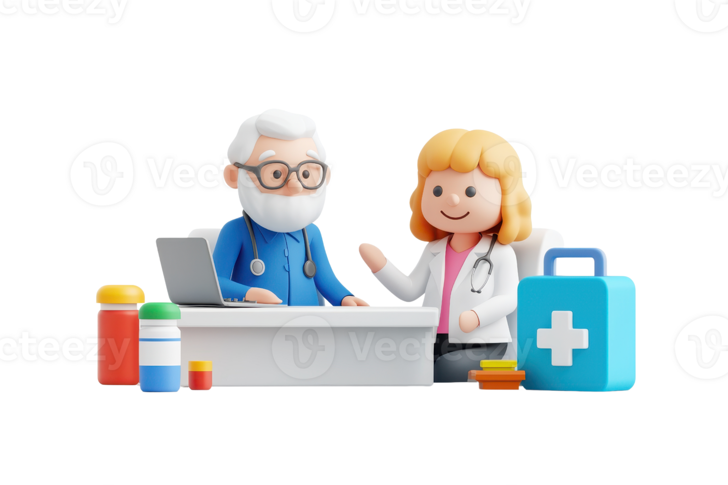 Two cartoon characters, a doctor and a patient, engage in conversation at a desk with medical supplies and a first aid kit. png