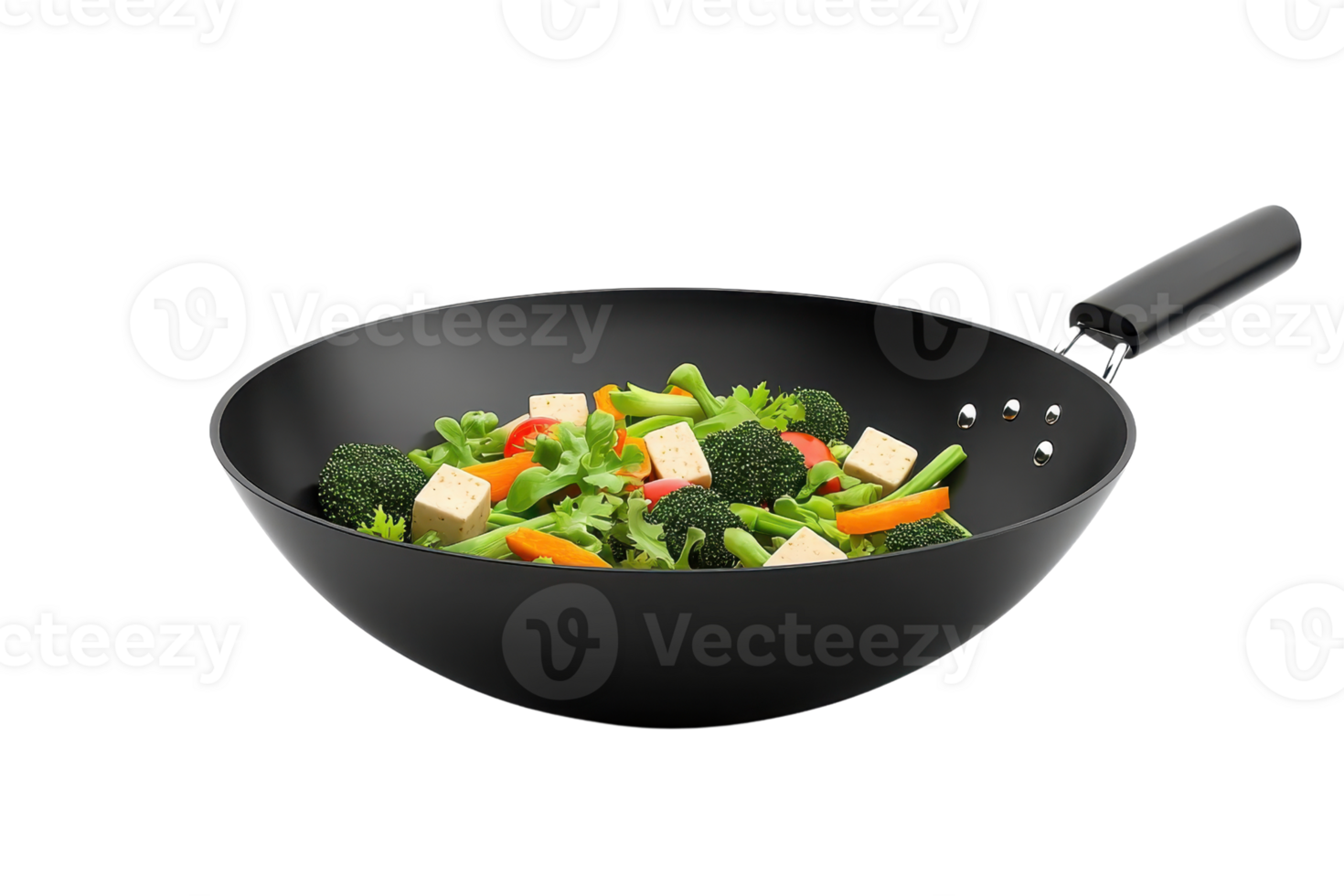 A vibrant stir-fry of vegetables and tofu in a black wok, showcasing fresh ingredients and colorful presentation. png