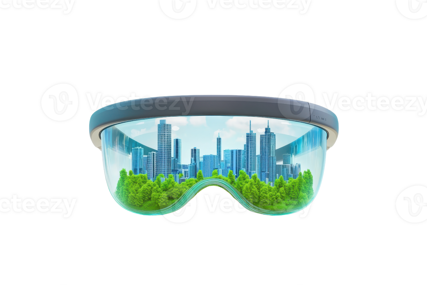A pair of futuristic glasses featuring a vibrant city skyline and lush greenery reflected on their lenses. png
