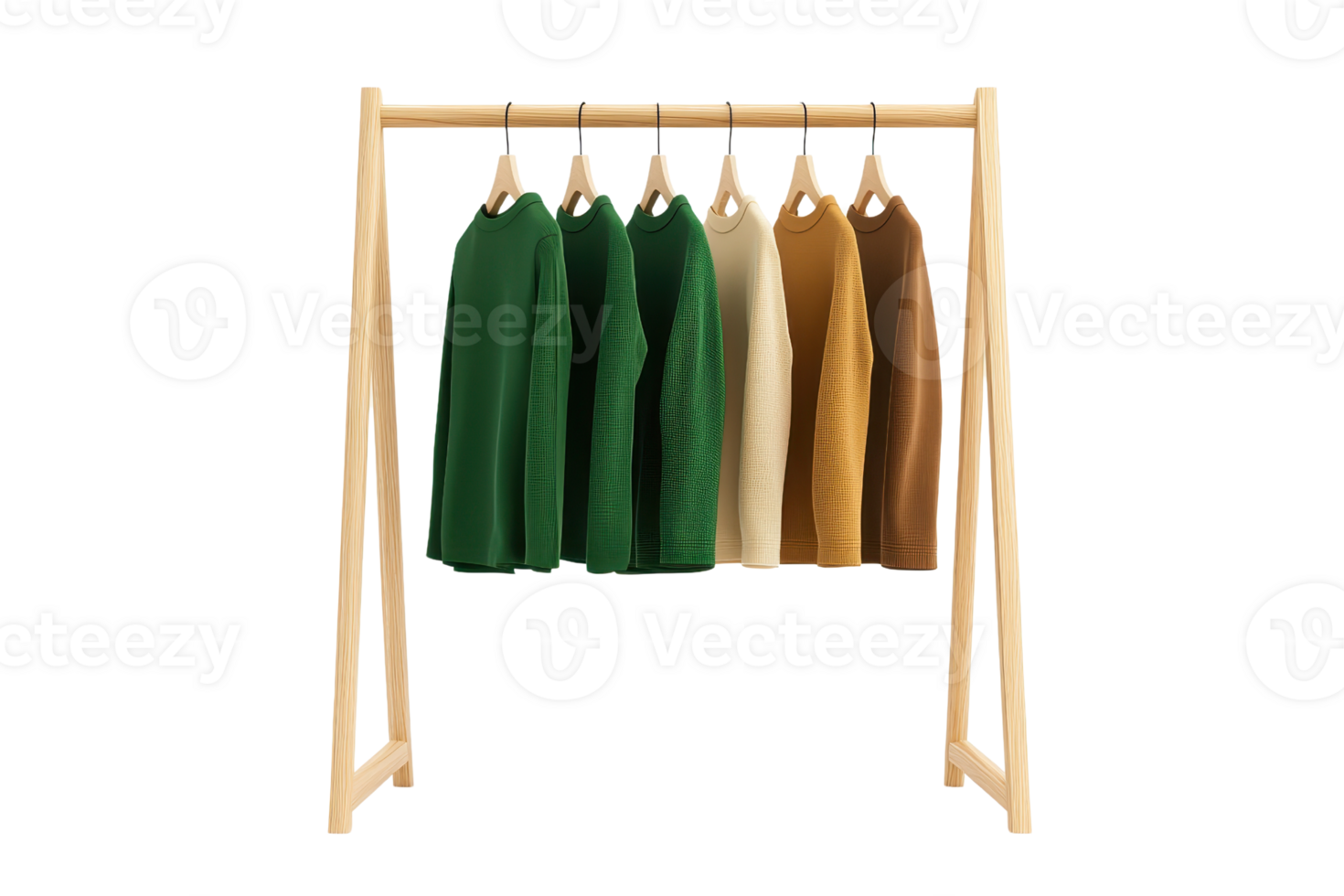 A rack displays a collection of colorful sweaters in various shades, showcasing a blend of styles and textures. png