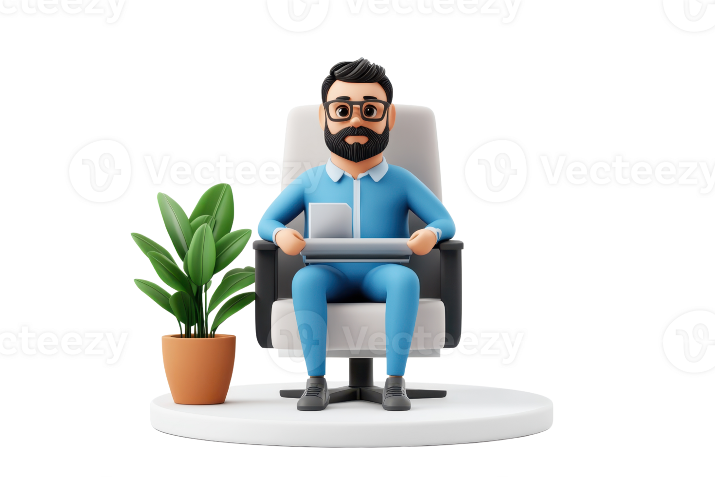 A stylized figure of a man with glasses, dressed in blue, sitting on a chair with a plant beside him. png
