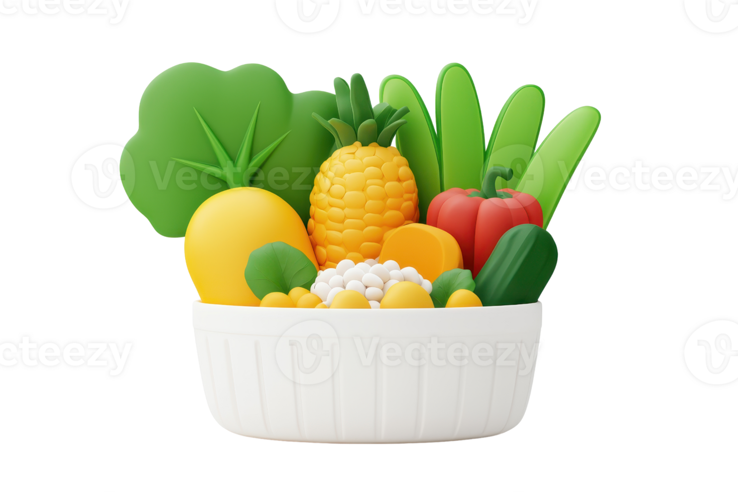 A colorful assortment of fruits and vegetables displayed in a white bowl, showcasing vibrant textures and shapes. png