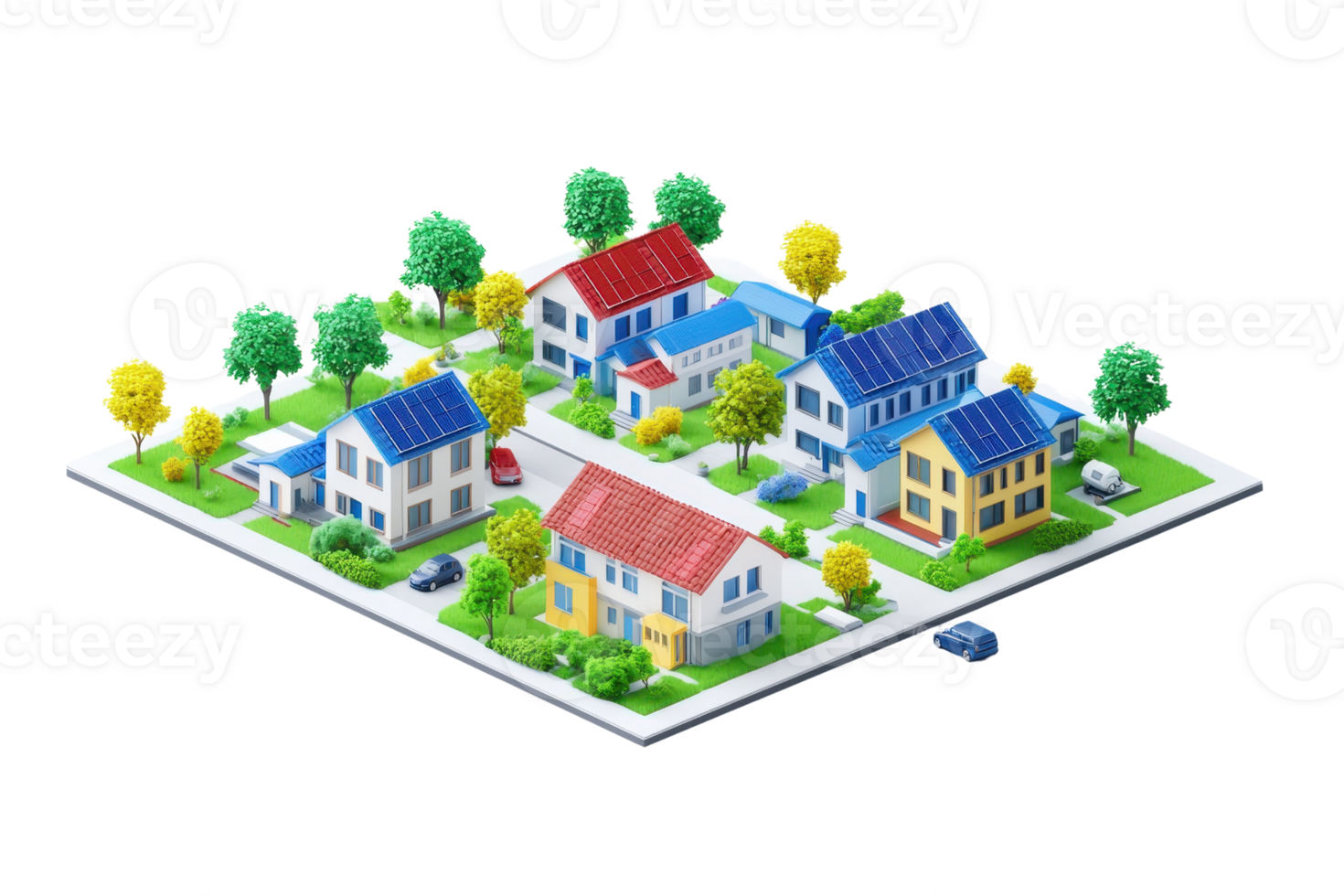 A vibrant, colorful miniature neighborhood featuring various houses, trees, and roads arranged in an appealing layout. png