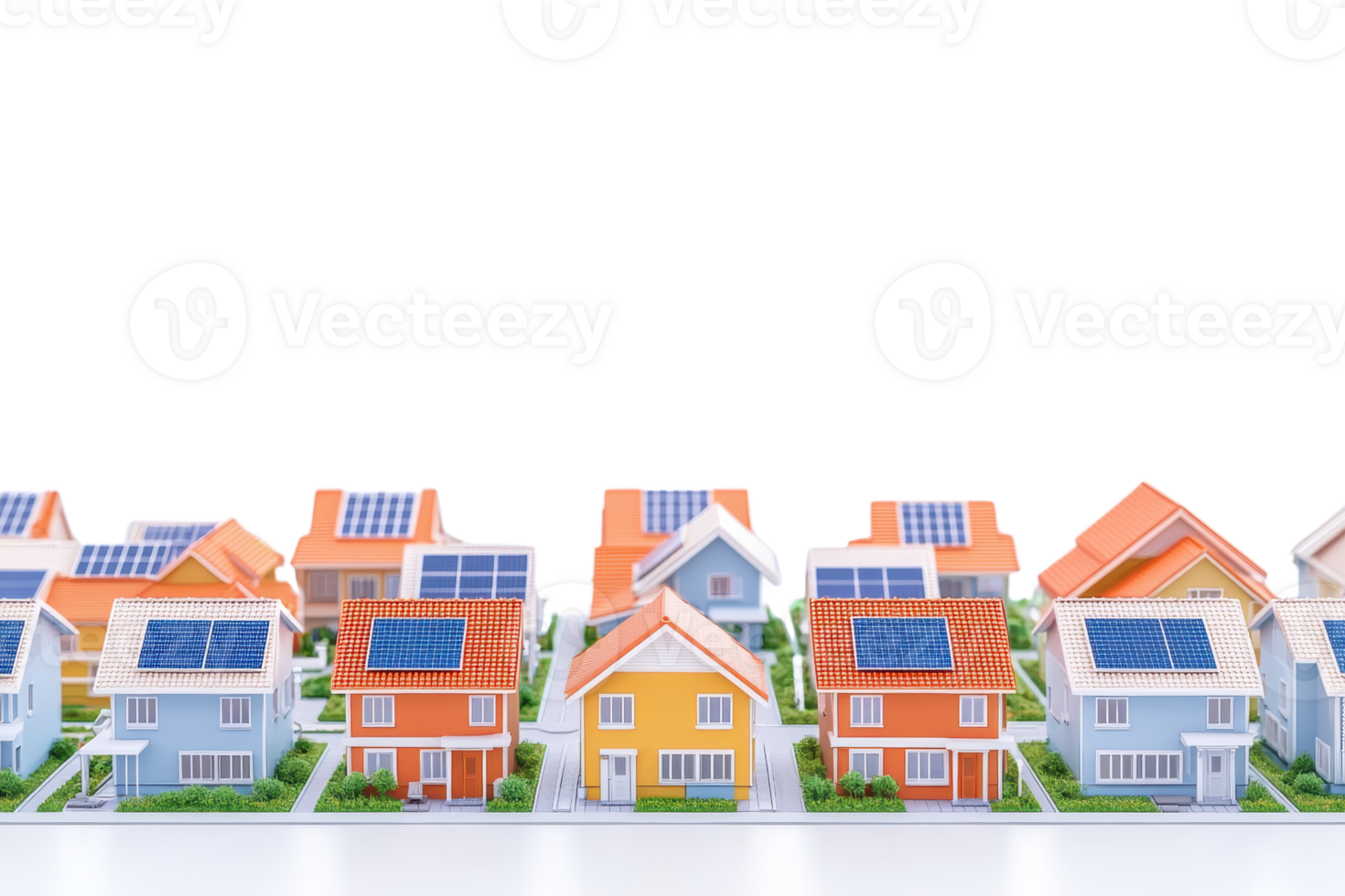 A row of colorful model houses featuring solar panels, representing sustainable living and eco friendly architecture against a transparent background. png