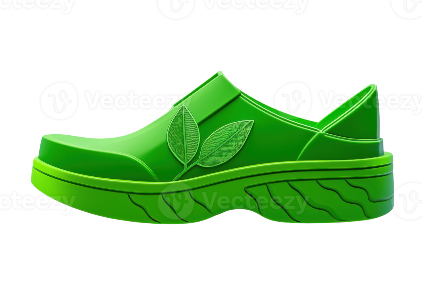 A vibrant green shoe featuring leaf accents, designed with a chunky sole and a unique style for a playful, eco-friendly aesthetic. png