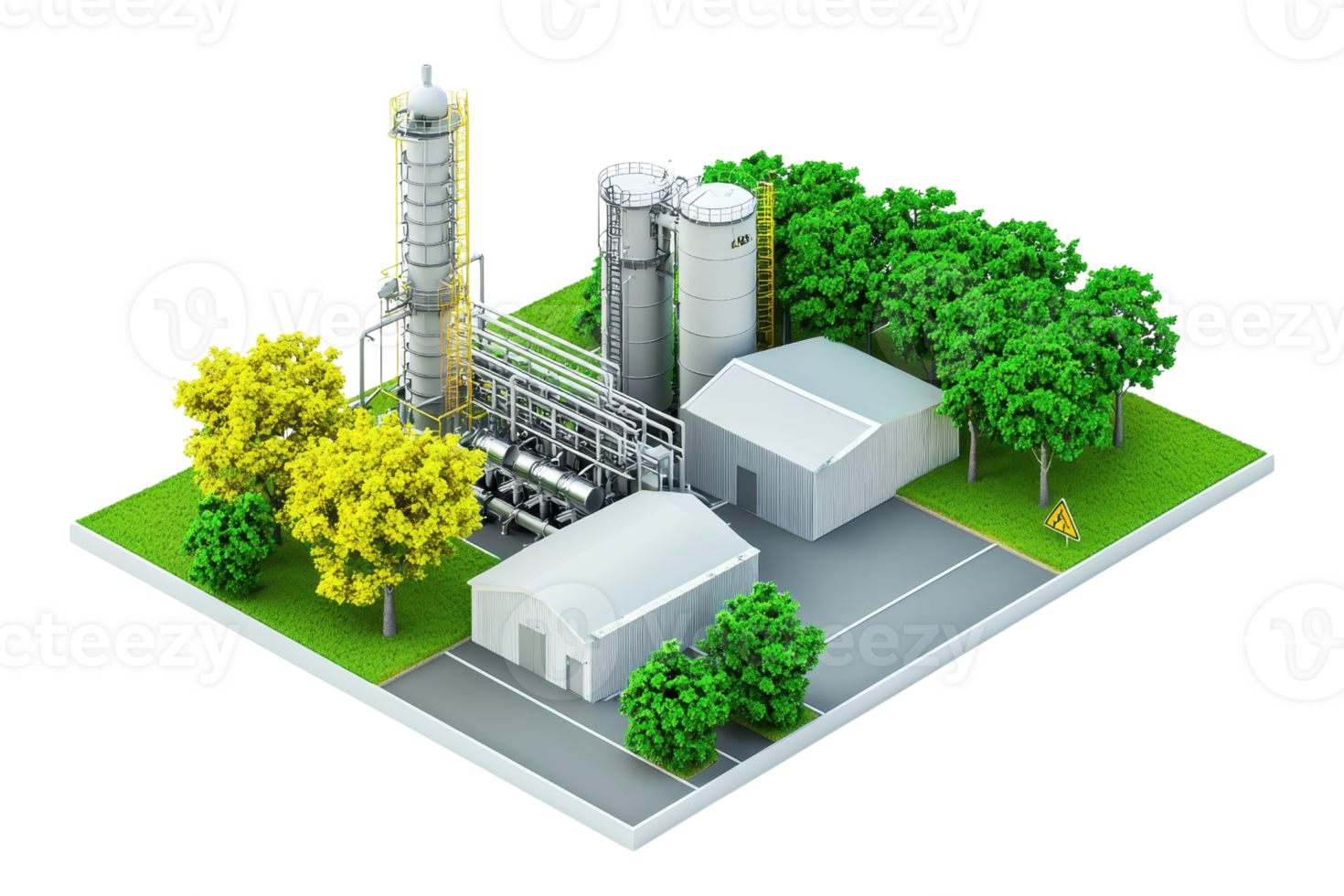 A compact industrial facility featuring silos, a processing tower, and adjacent structures, surrounded by greenery. png