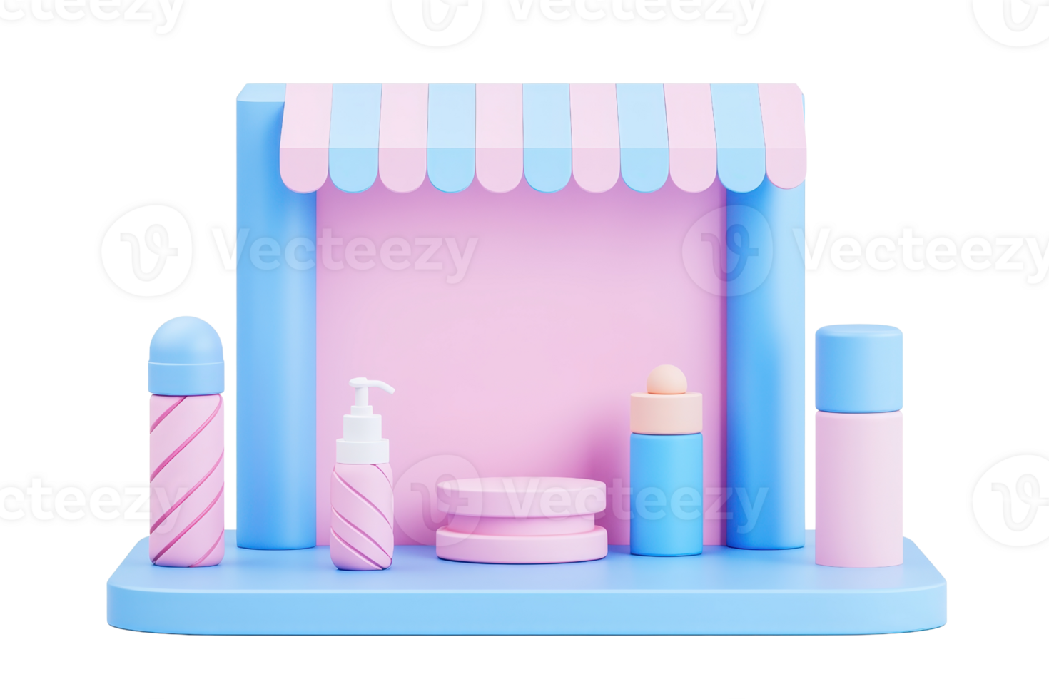 A colorful display featuring various cosmetic bottles and containers on a playful, stylized stand with a striped awning. png