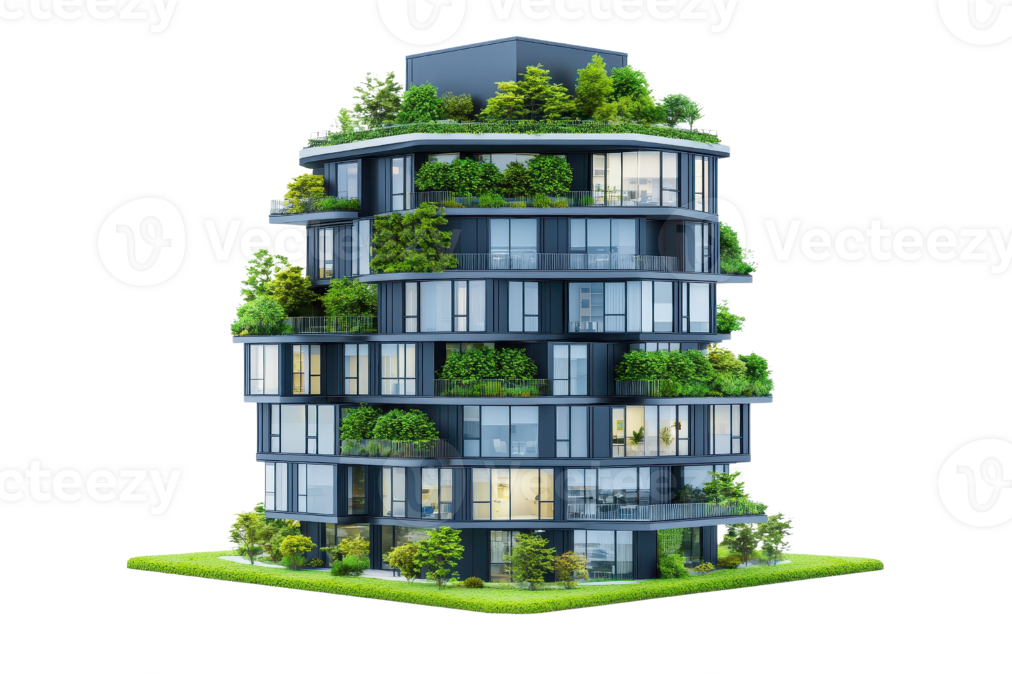 A modern, multi-story building featuring extensive greenery and large glass windows, showcasing a harmonious blend of architecture and nature. png