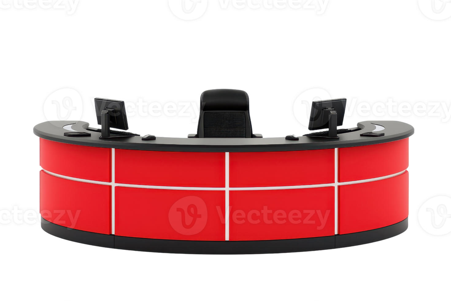 A modern reception desk with a curved design, featuring a vibrant red finish and equipped with multiple workstations. png