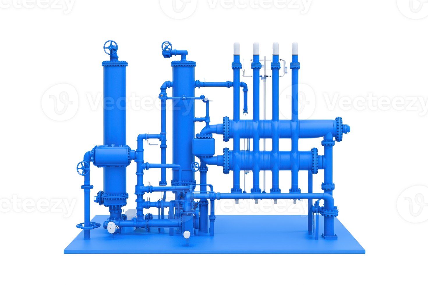 A complex system of blue industrial pipes and tanks designed for fluid processing and transportation. png